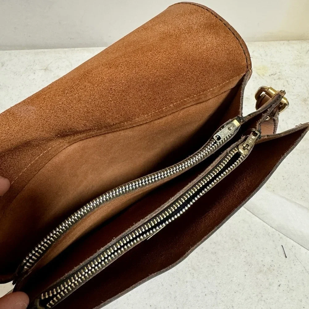 Vintage Tan Leather Crossbody Bag Turn Lock Flap Messenger Bag Brown